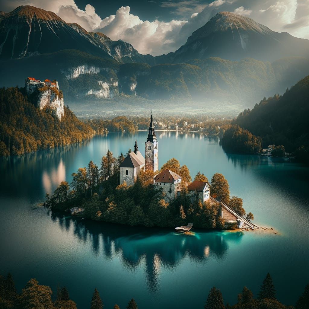 Exquisite Alpine Lake in Slovenia with Island Church