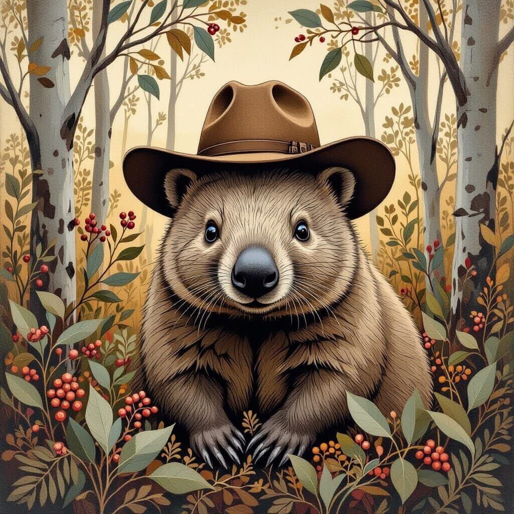 Wombat in Eucalyptus Forest with Akubra Hat