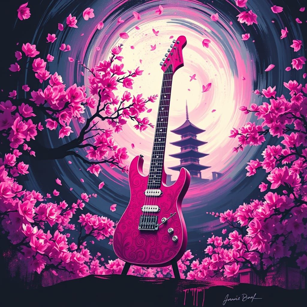 Neon Guitar in Cherry Blossom Vortex, Graffiti Art