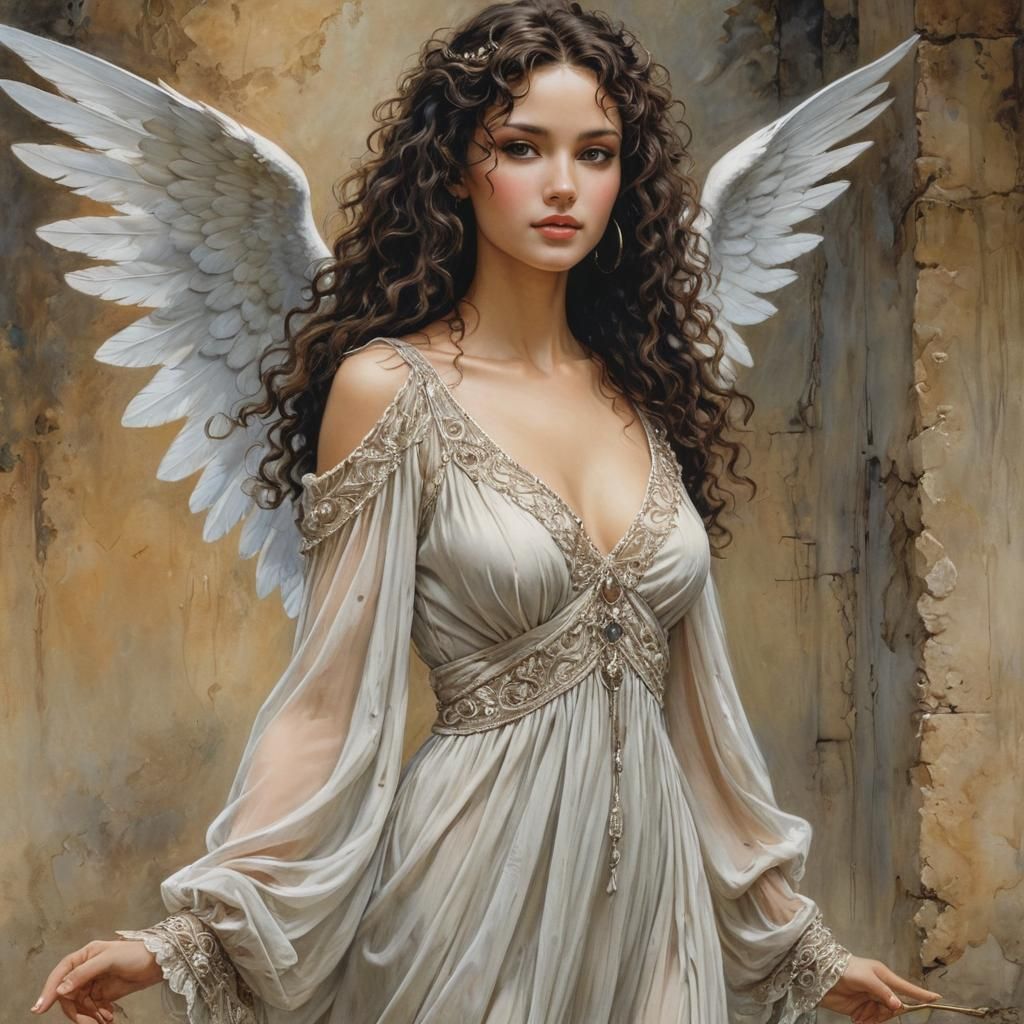 Bohemian Angel with Dark Hair, Fantasy Art