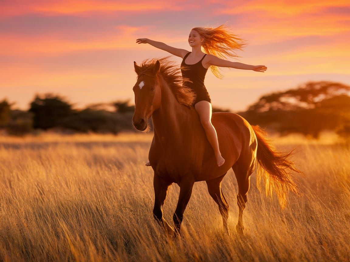 Woman Rides Stallion Through Golden Sunset Savanna