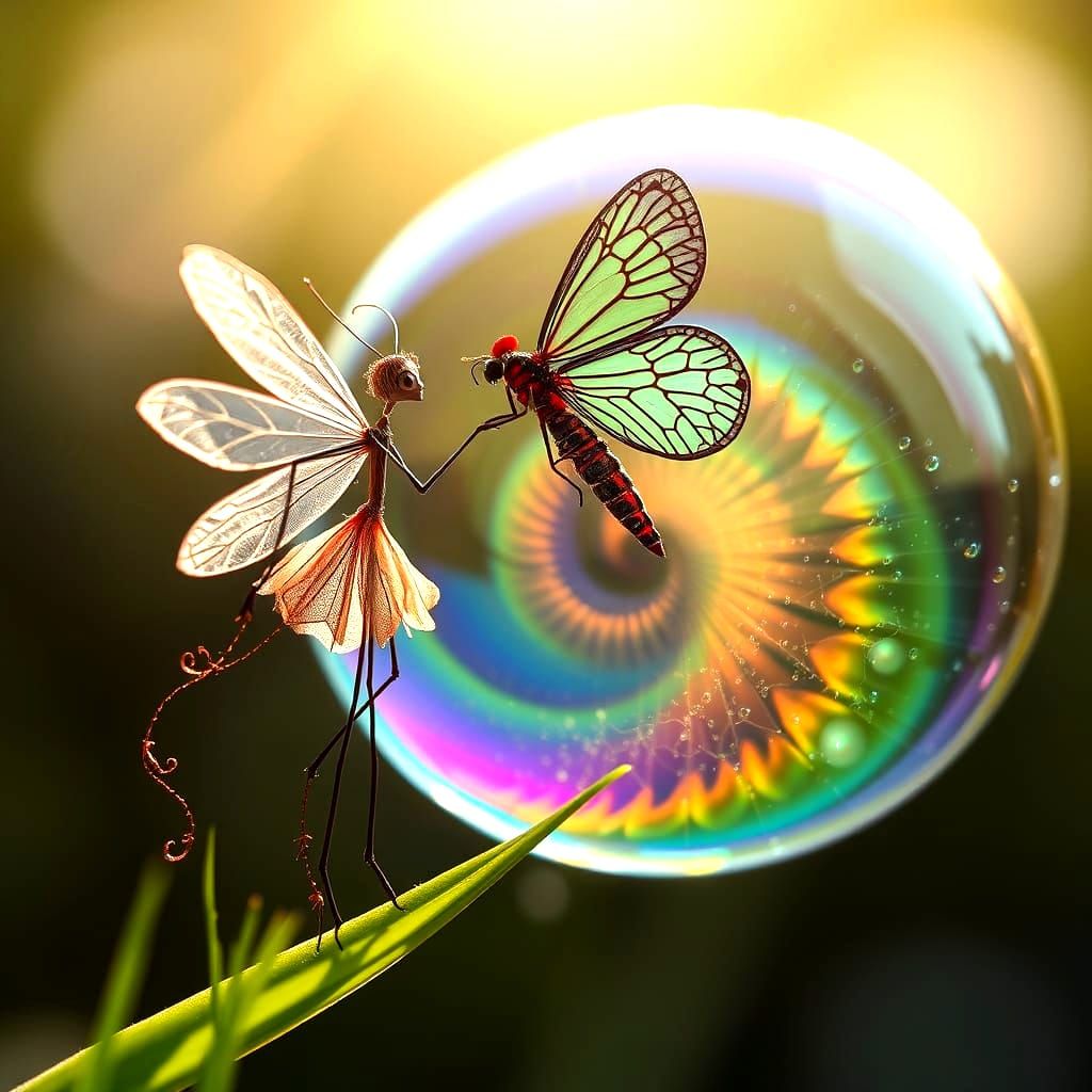Stick Fairy and Moth in Macro Surreal Soap Bubble