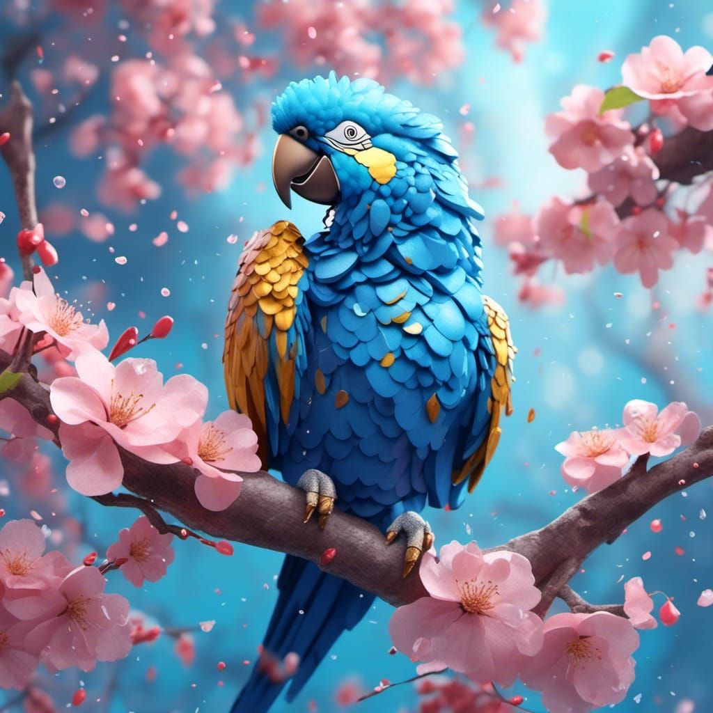Blue Parrot on Cherry Blossom Branch in Pastel