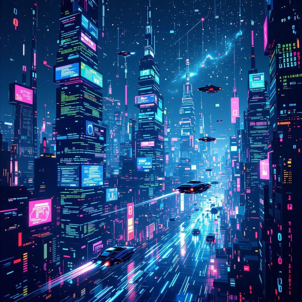 Cyberpunk Cityscape of Glowing Code Monitors