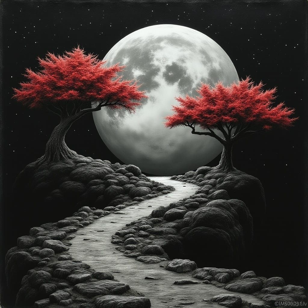 Moonlit Mountain Pathways in Black and White Oil Painting St...