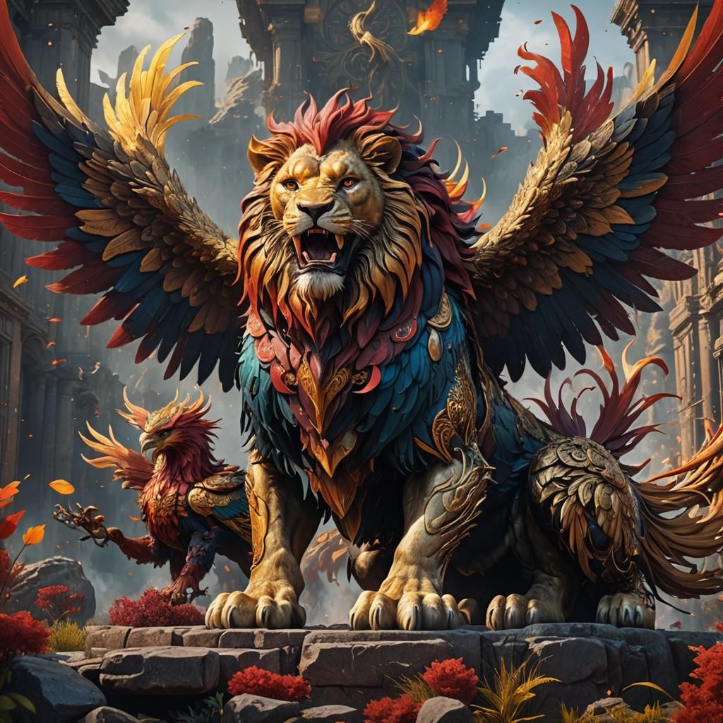 Lion and Phoenix Fusion in Detailed Matte Painting