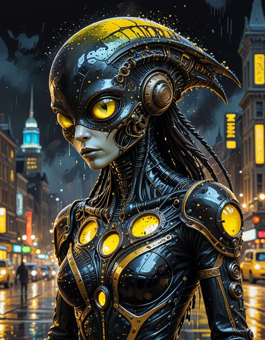 Steampunk Xenomorph in Black Dress Oil Painting