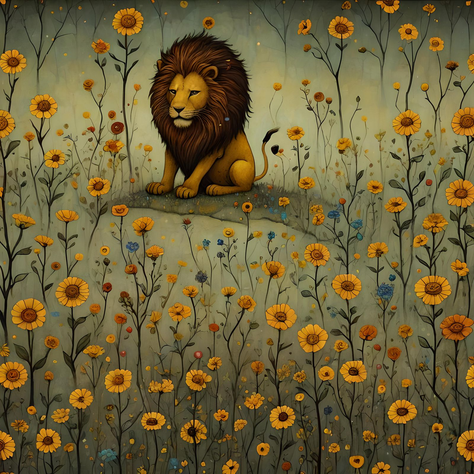 Lion on Yellow Brick Road in Whimsical Style