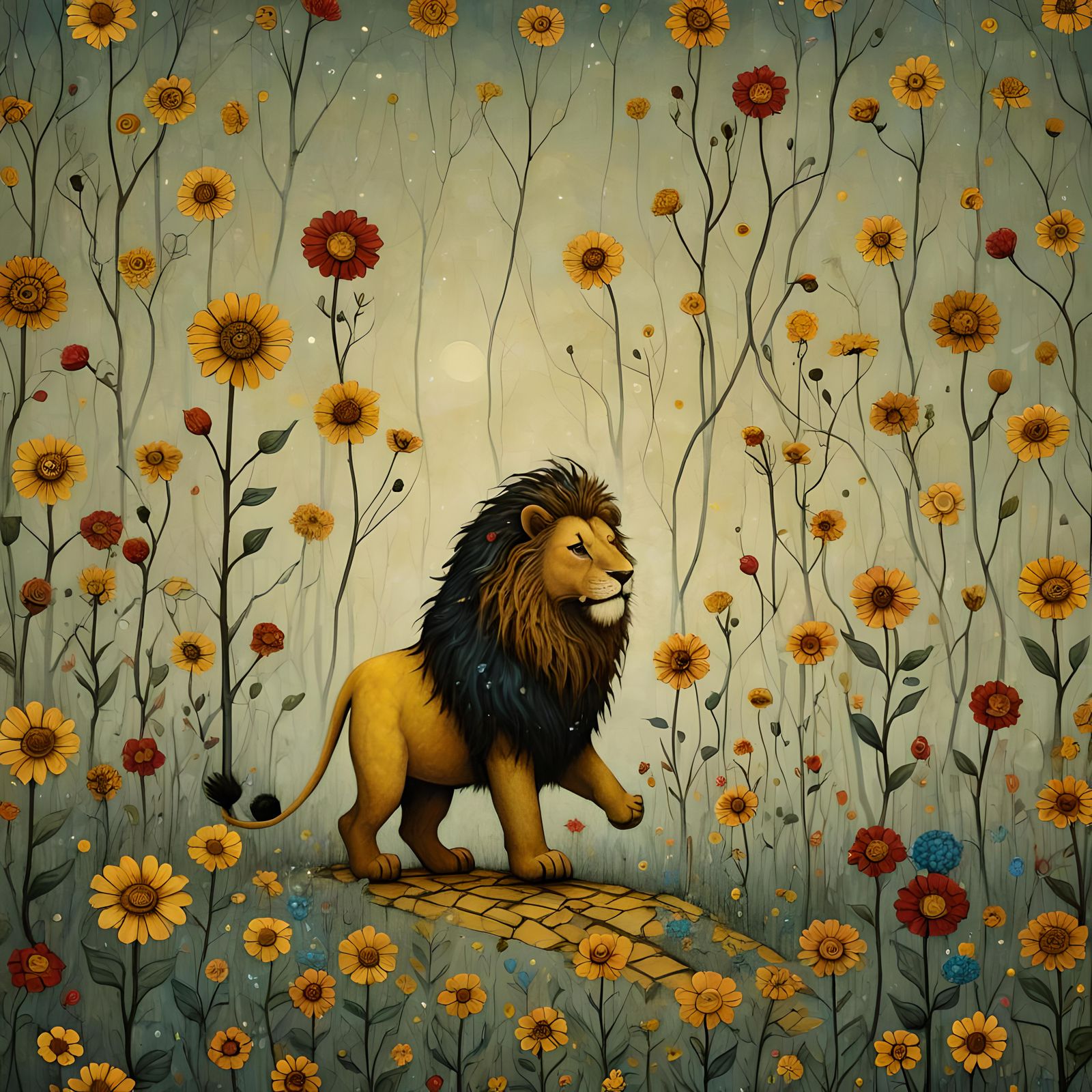 Lion on Yellow Brick Road in Whimsical Style