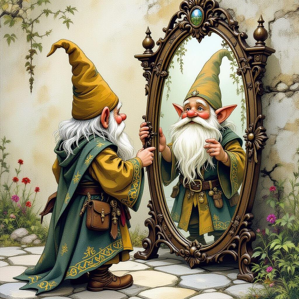 Gnome Gazing into an Antique Mirror
