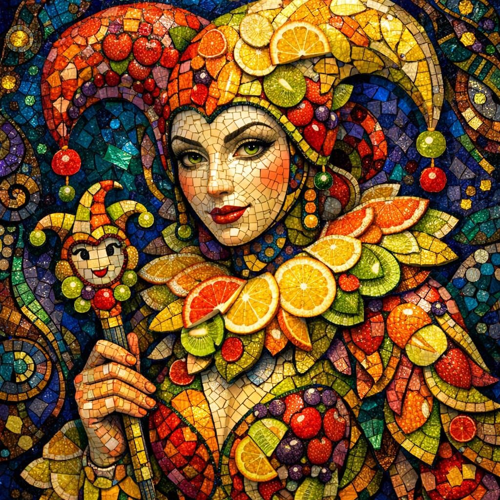 Jester Mosaic Art with Organic Forms and Opulent Patterns