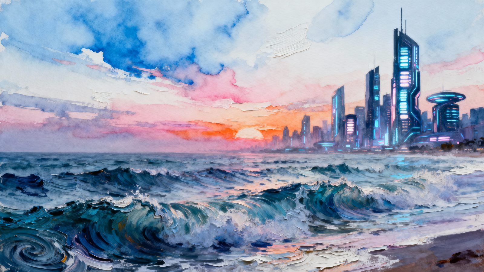 Surreal Cityscape: Impasto Ocean Meets Watercolor Sky
