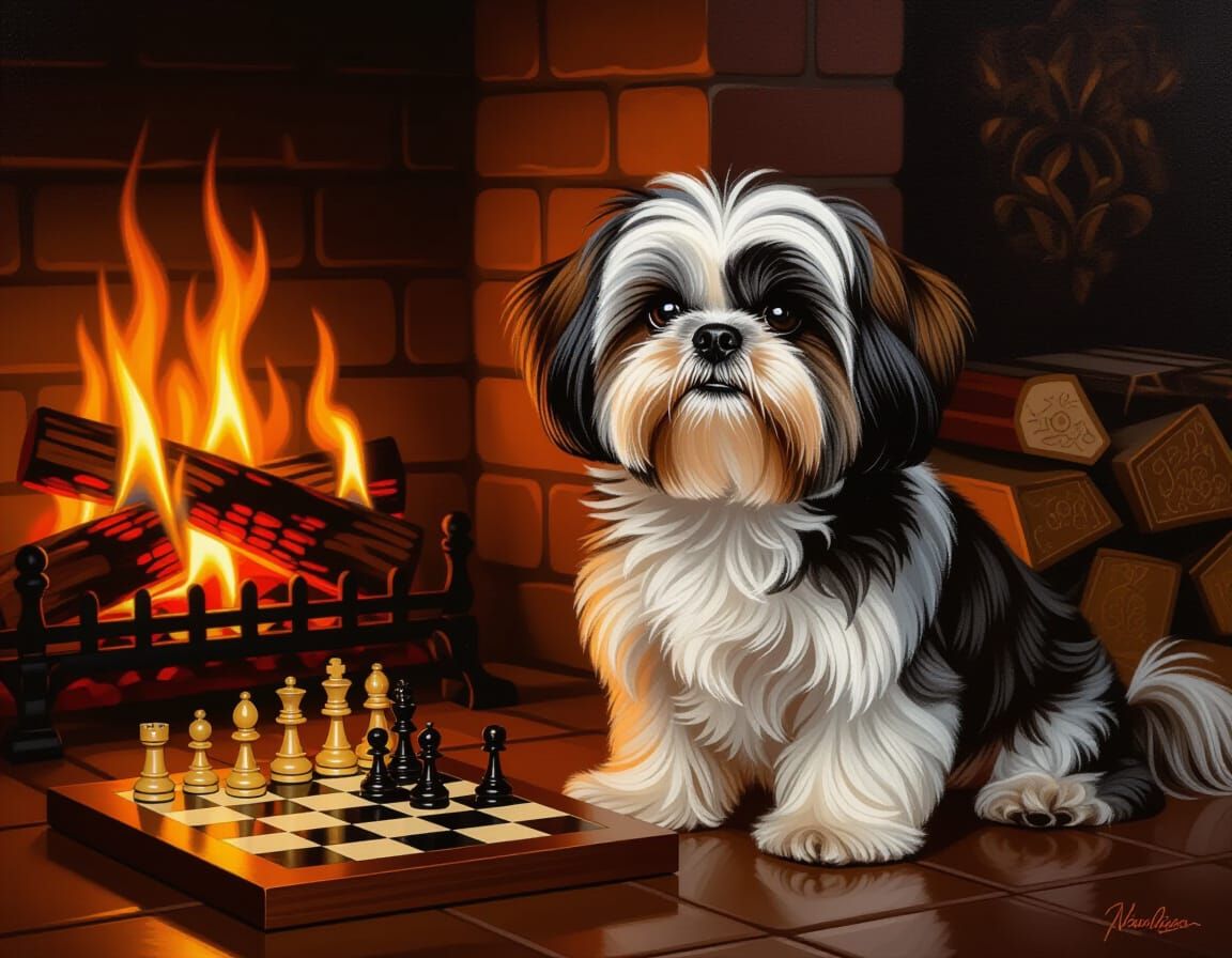 Regal Shih Tzu by Fireplace in Hyperrealistic Style