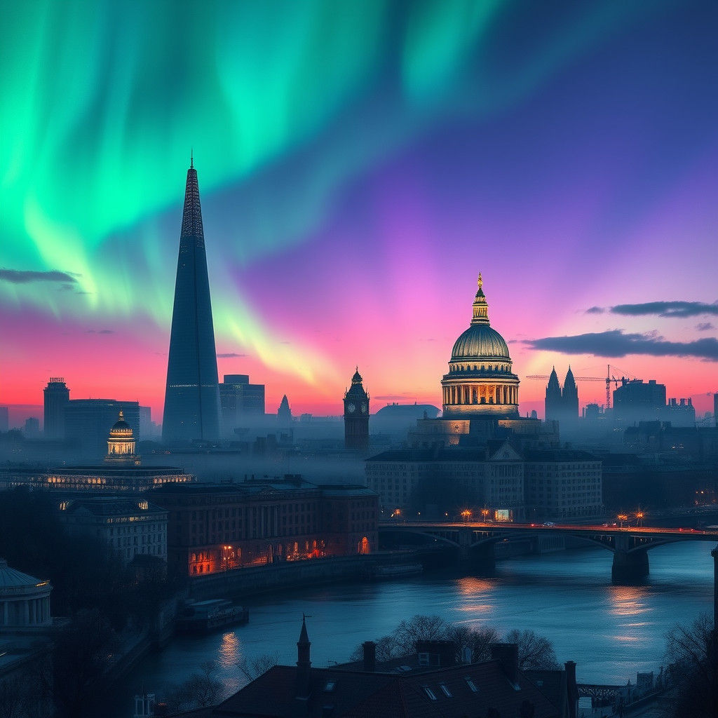London Skyline Meets Aurora Borealis in Dreamy Style