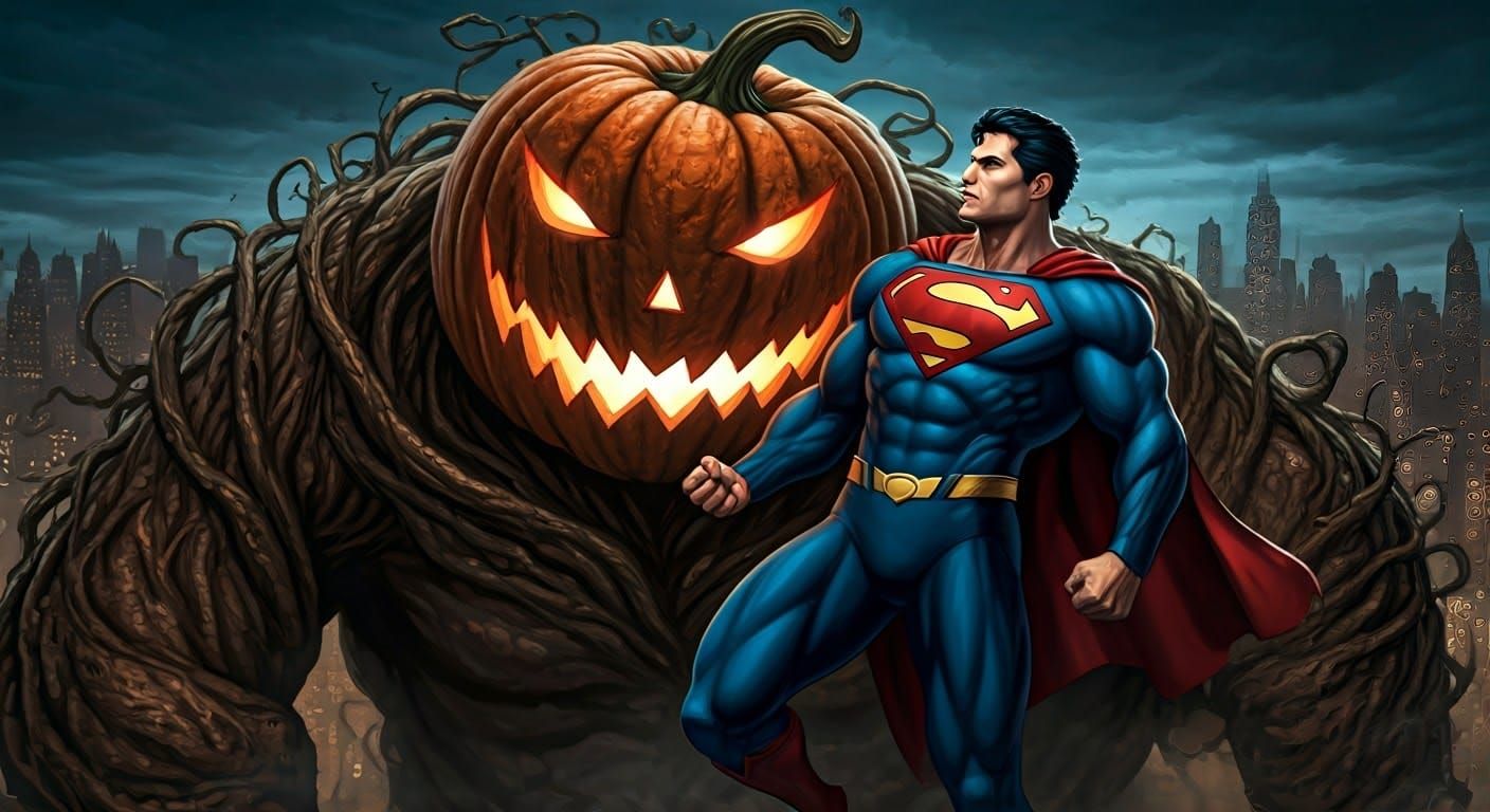 Superman vs Evil Pumpkin in Comic Book Style