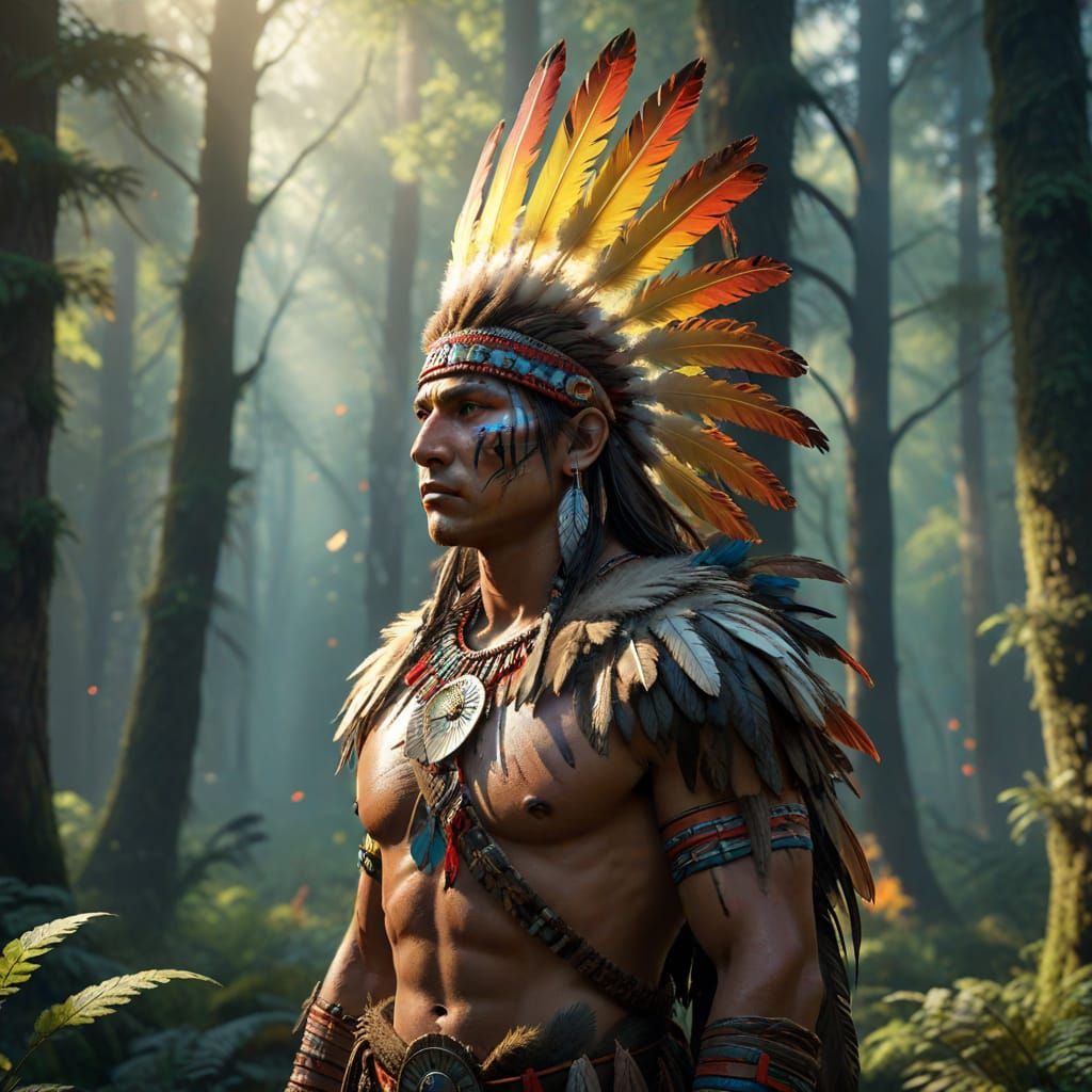 Proud Native American Warrior in Mystical Forest Concept Art