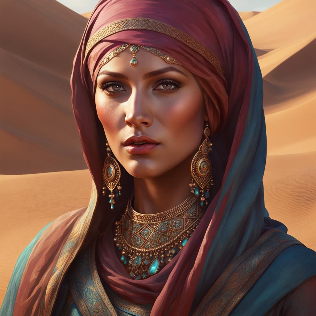 Striking Portrait of Bald Arabic Woman in Desert Garb