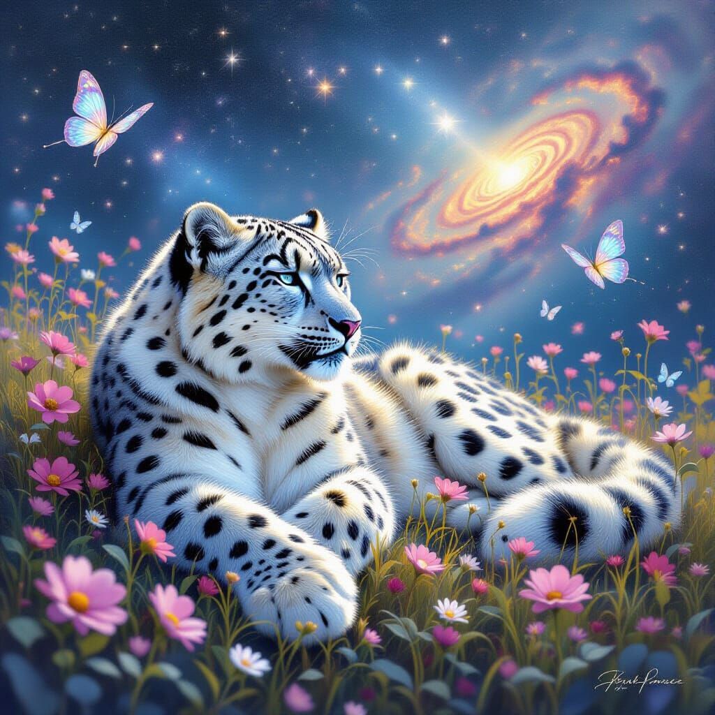 Celestial Snow Leopard in Surreal Cosmic Dreamscape