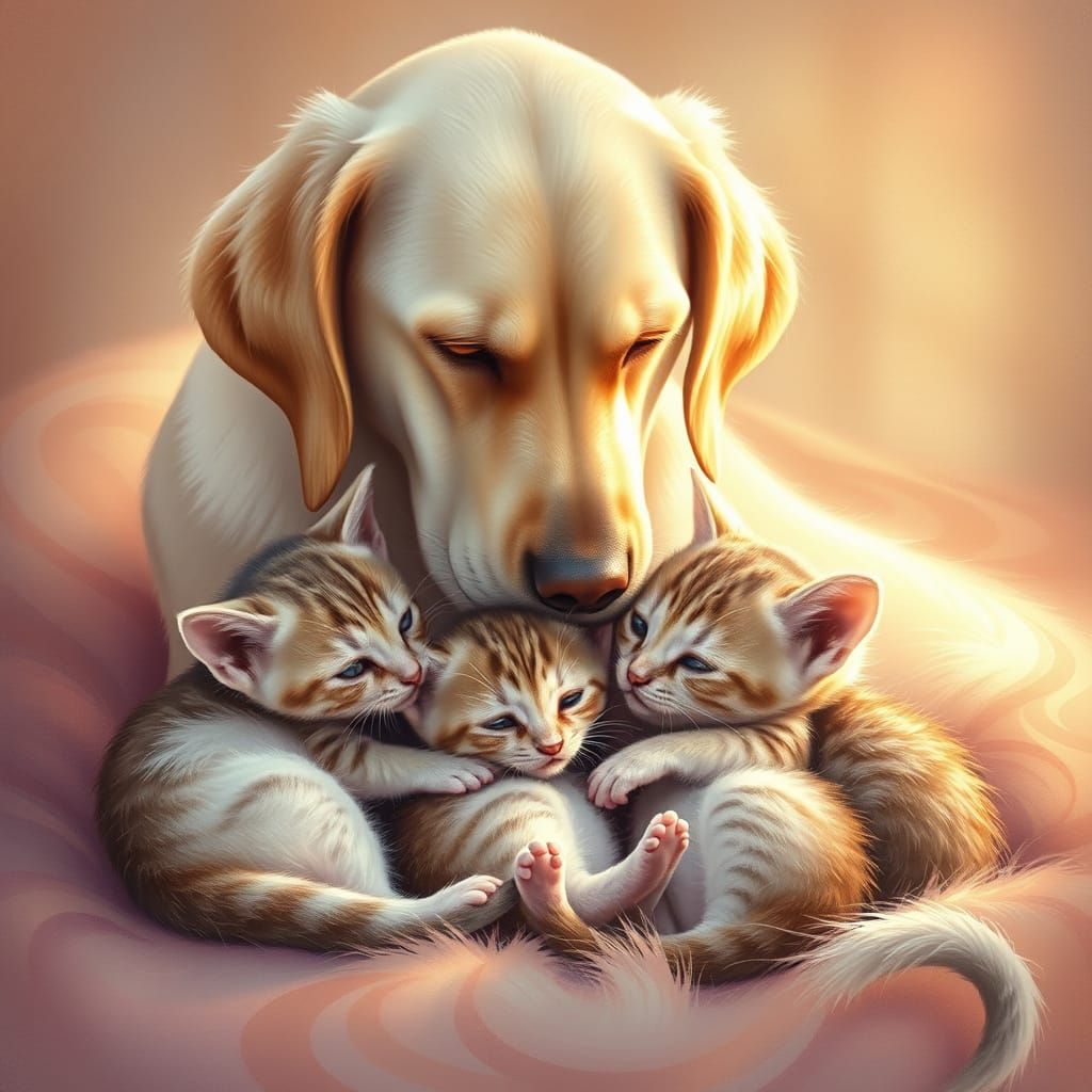 Tender Labrador Nurses Adorable Kittens in Whimsical Fantasy...