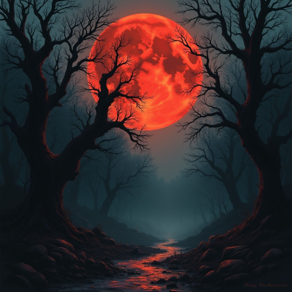Eerie Blood Moon Over Dark Forest, Gothic Illustration