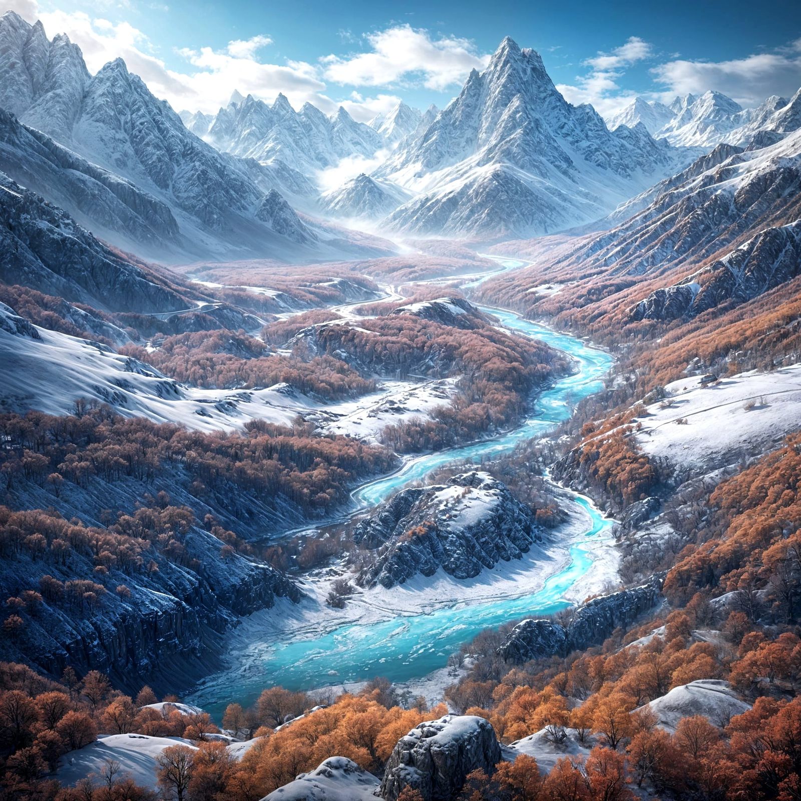Winter Mountain Valley with Icy Stream