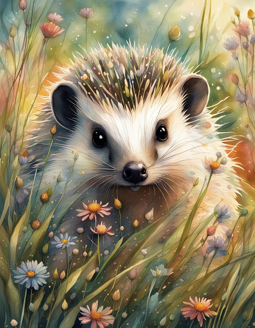 Hedgehog in Wildflowers: Dreamy Surreal Illustration