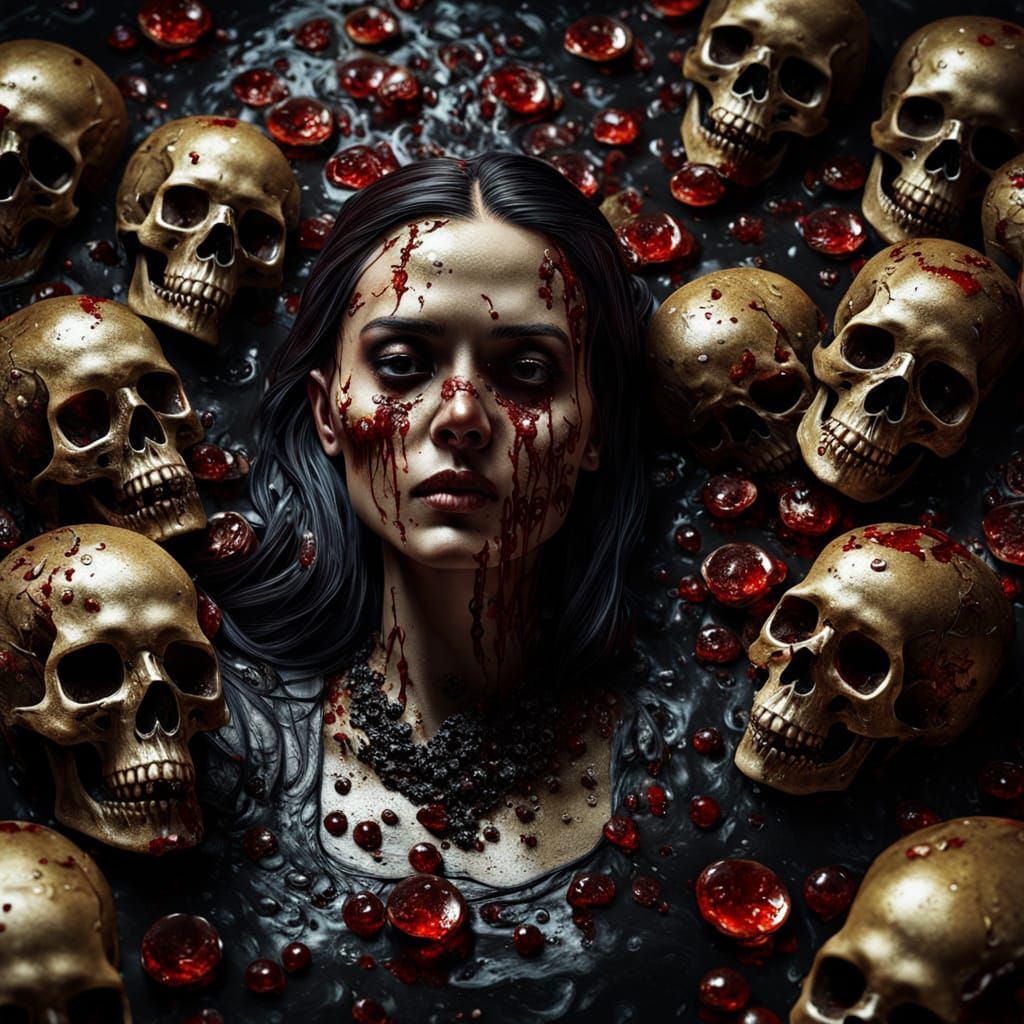 Hyperrealistic Woman Drowning in Blood with Skulls