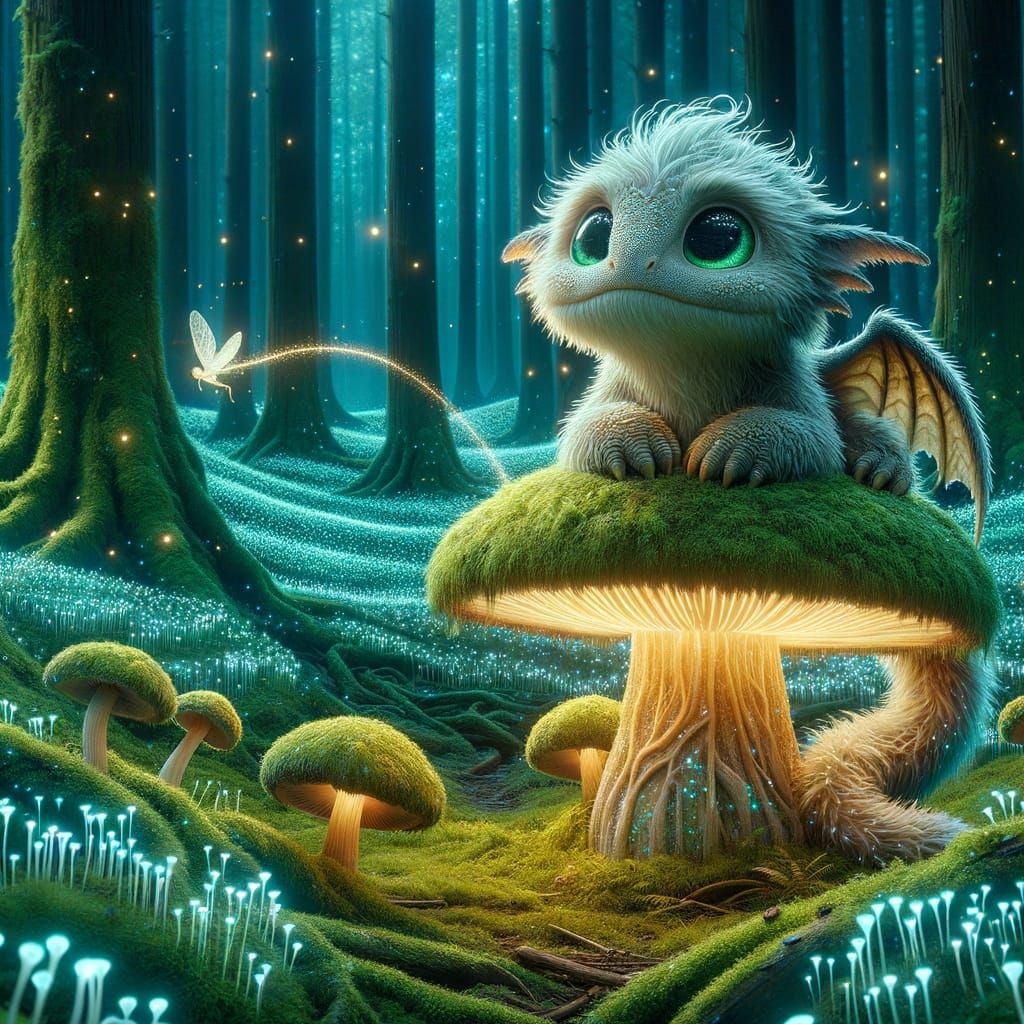 Moss Dragon on Bioluminescent Mushroom, Hyperrealistic Illus...