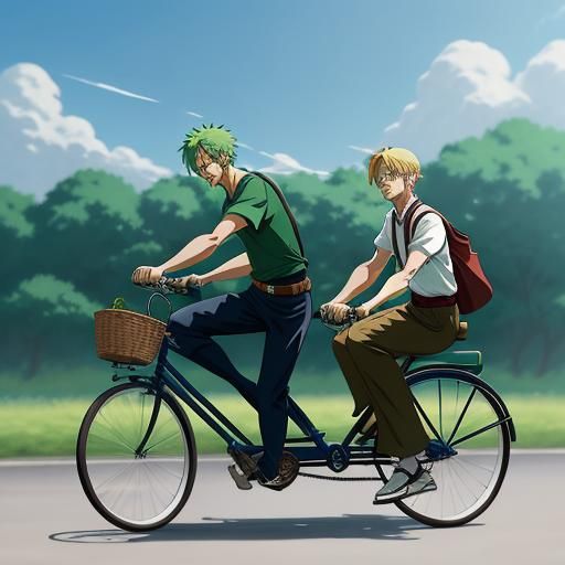 Zoro and Sanji Ride a Tandem Bicycle: Ghibli Style