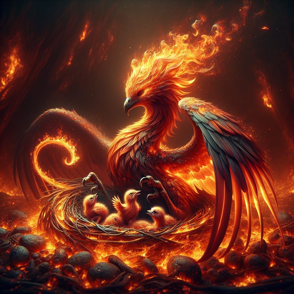 Majestic Mother Phoenix Sits with Ember Hatchlings in Fantas...