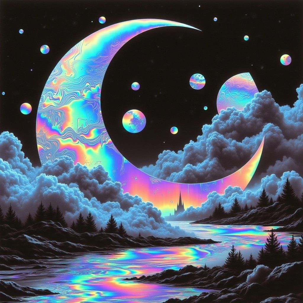 Futuristic Holographic Crescent Moon in Neon Rainbow Foil