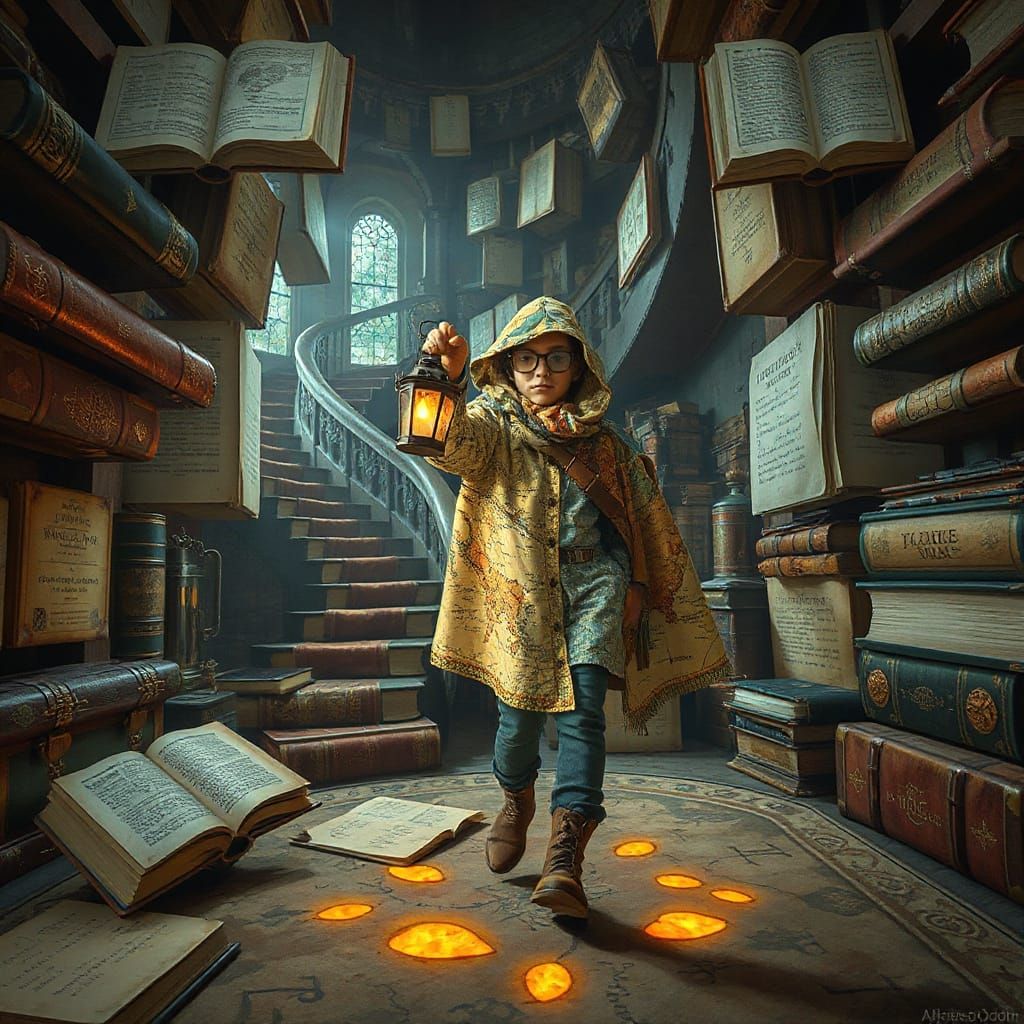 Whimsical Map Traveler in Floating Book Labyrinth