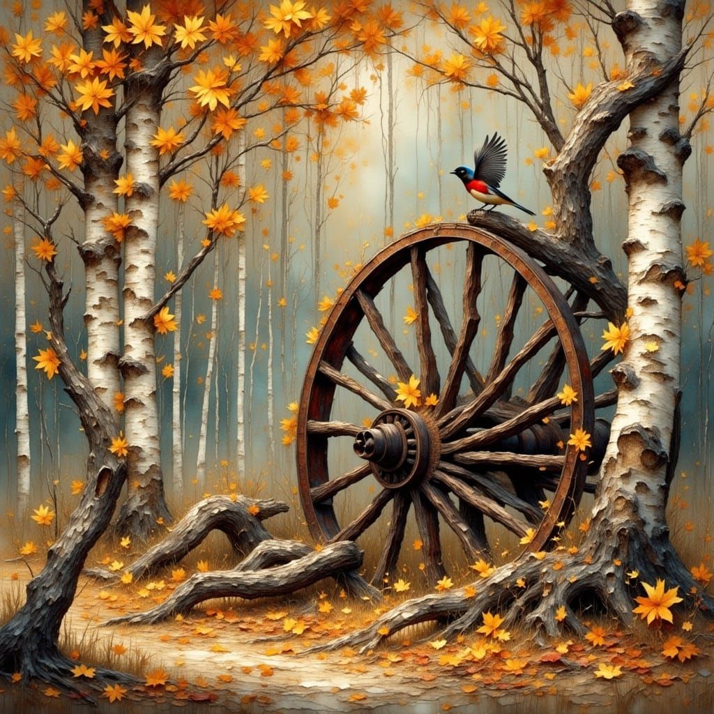 Birch Forest Scene with Birds in Painterly Style