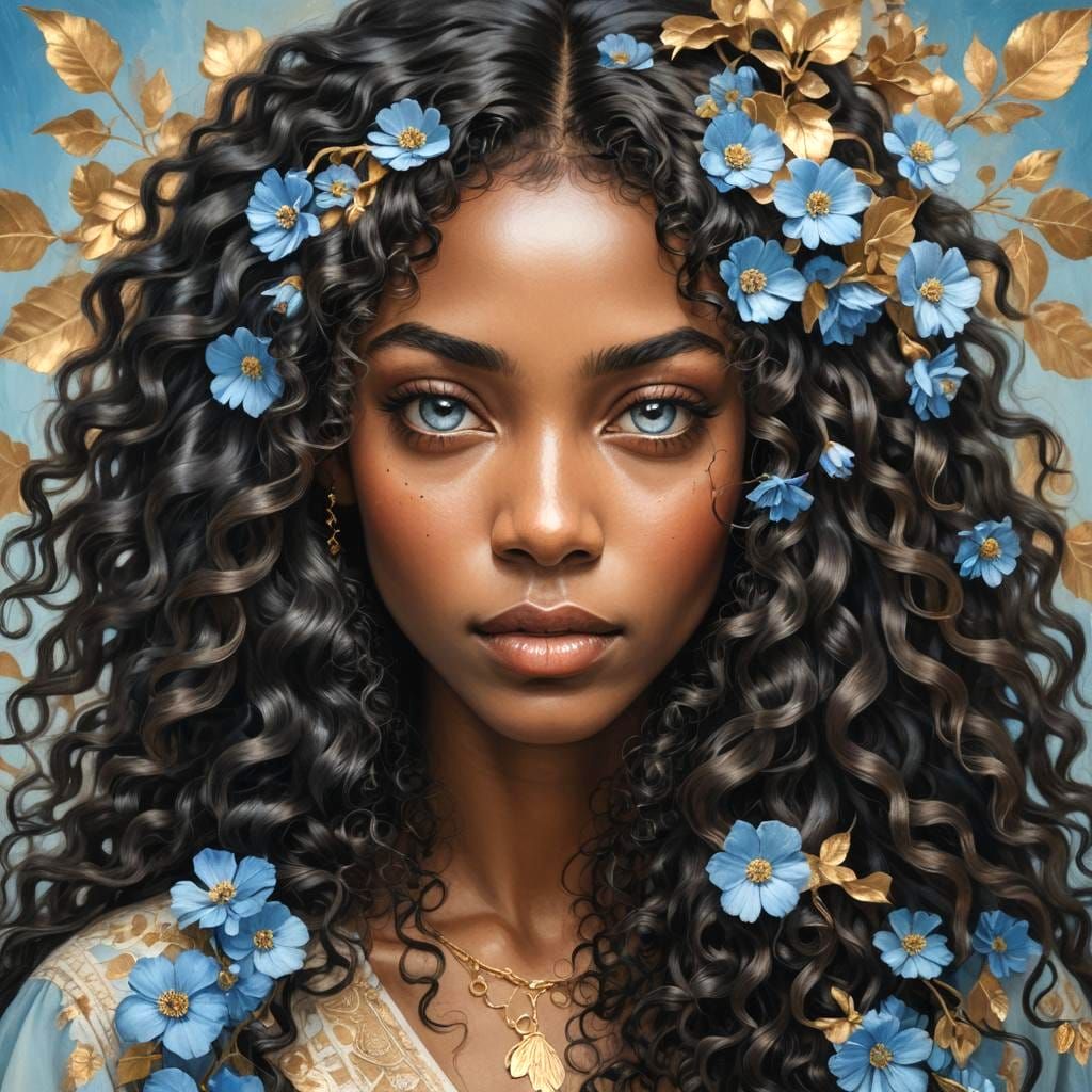 Stunning Portrait of Black Woman with Blue Flowers