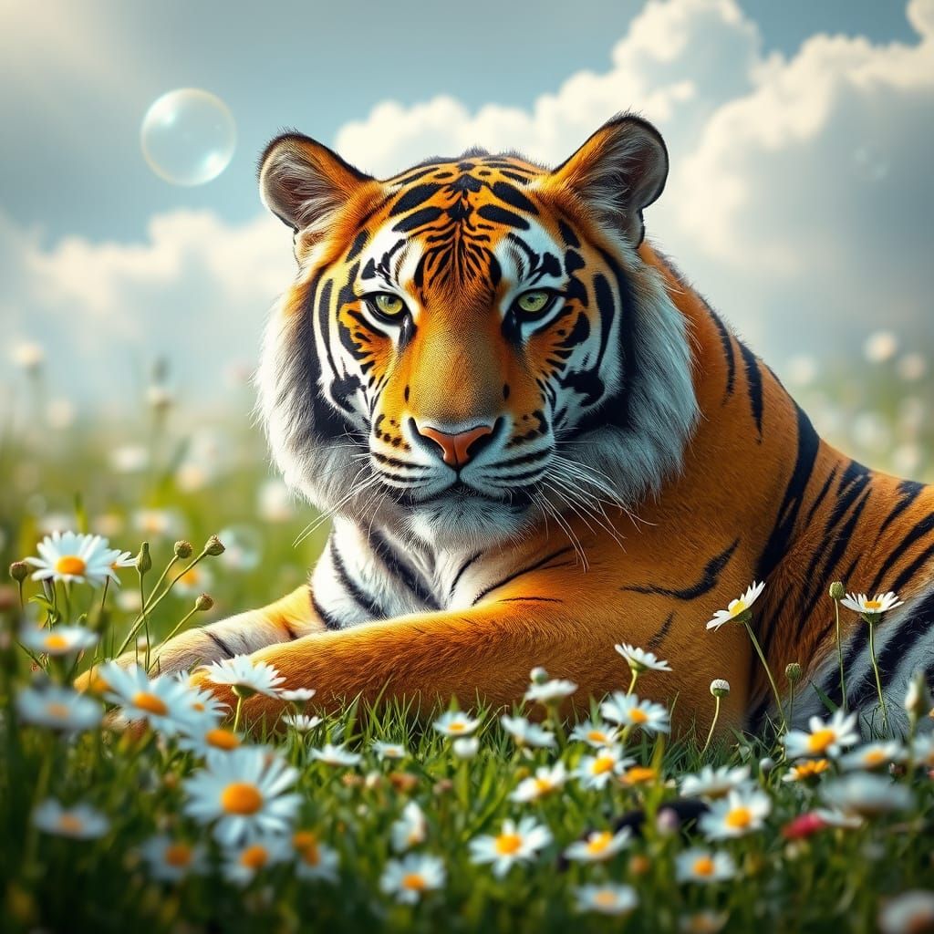 Tiger in Enchanted Meadow with Soap Bubbles