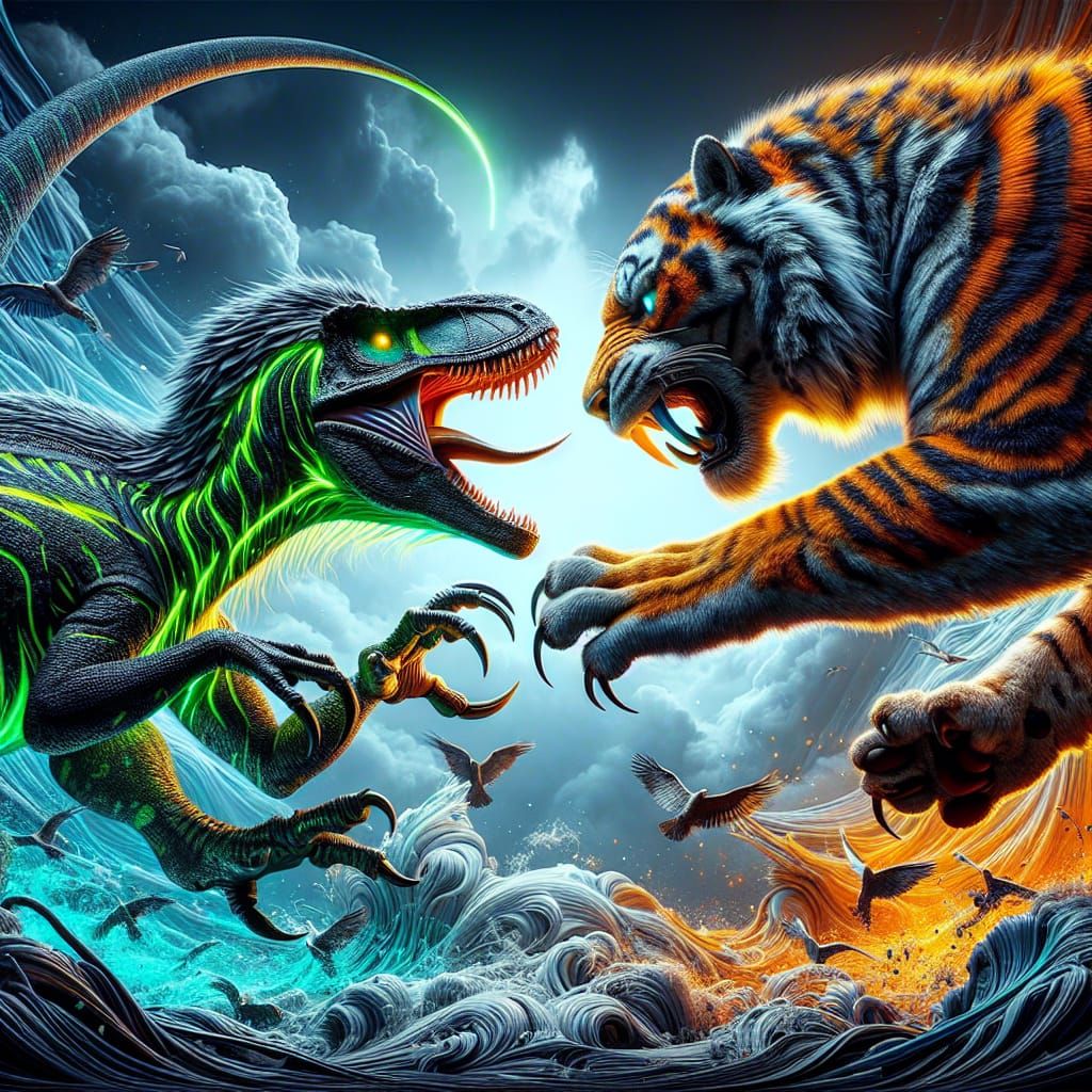 Dramatic Duel of Neon Utahraptor and Sabertooth Tiger in Cyb...