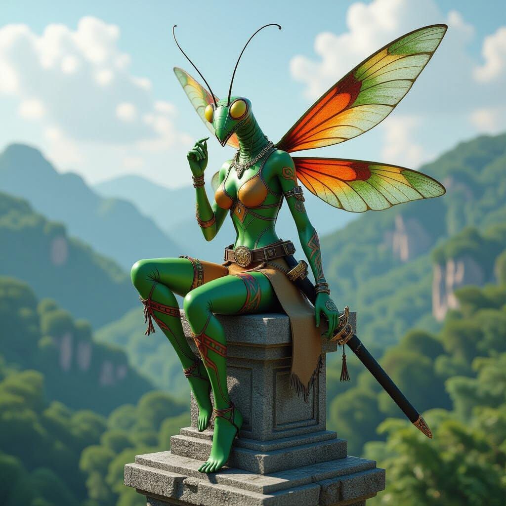 Anthropomorphic Praying Mantis Overlooks Forest in Anime Sty...