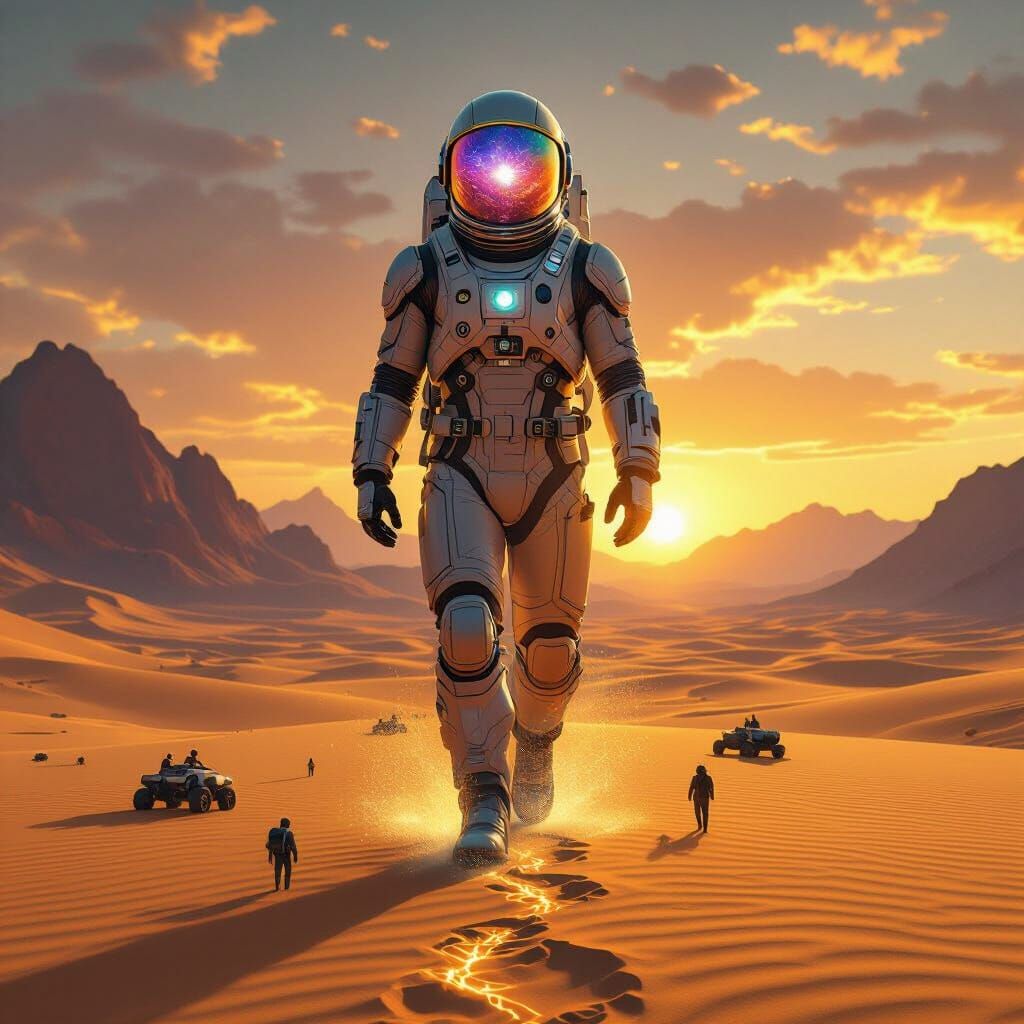 Colossal Astronaut Walks Through Desert Landscape