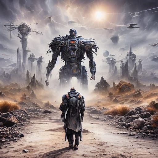 Friendly Silver Robot in Cyberpunk Cityscape