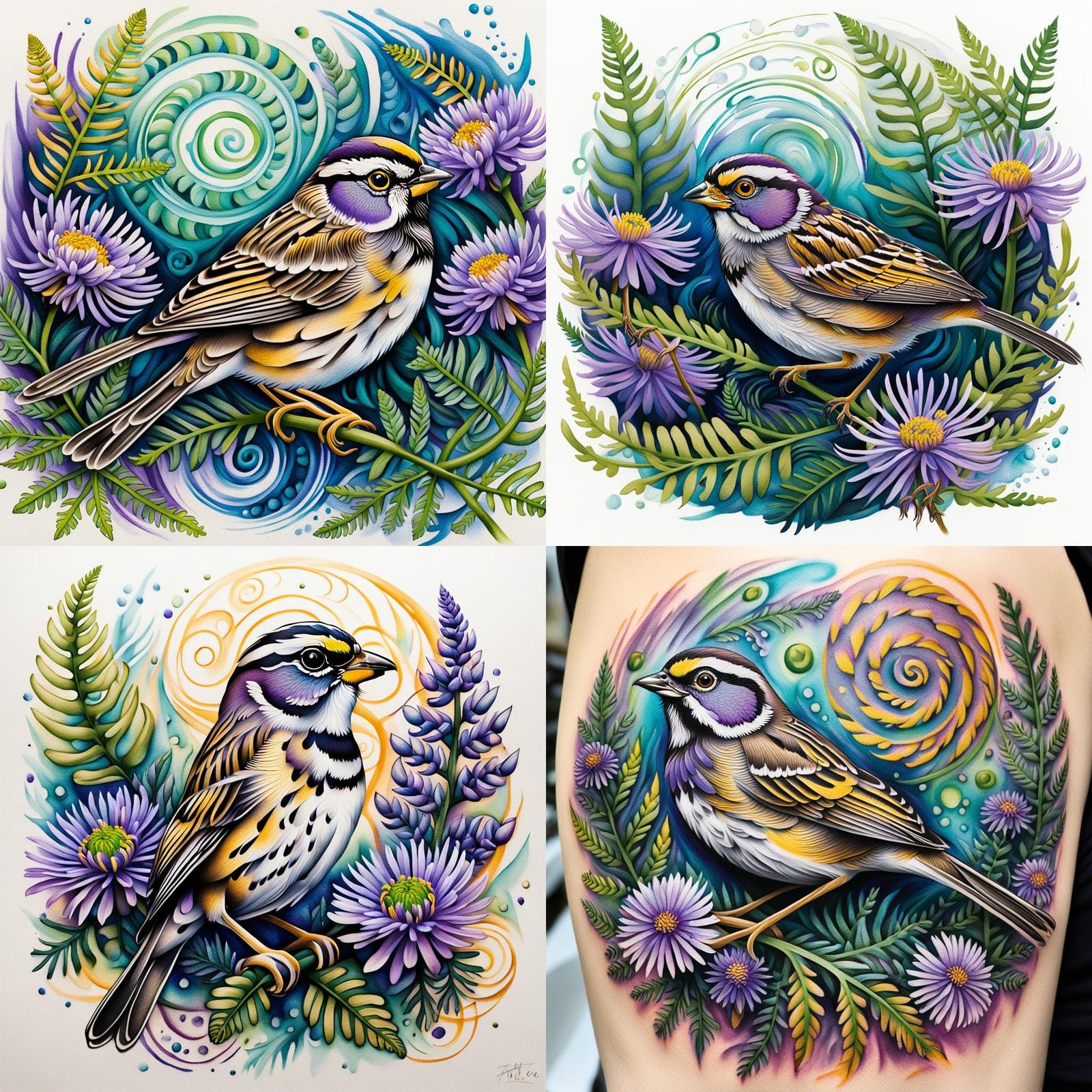 Sparrow Tattoo with Asters and Ferns in Abstract Style