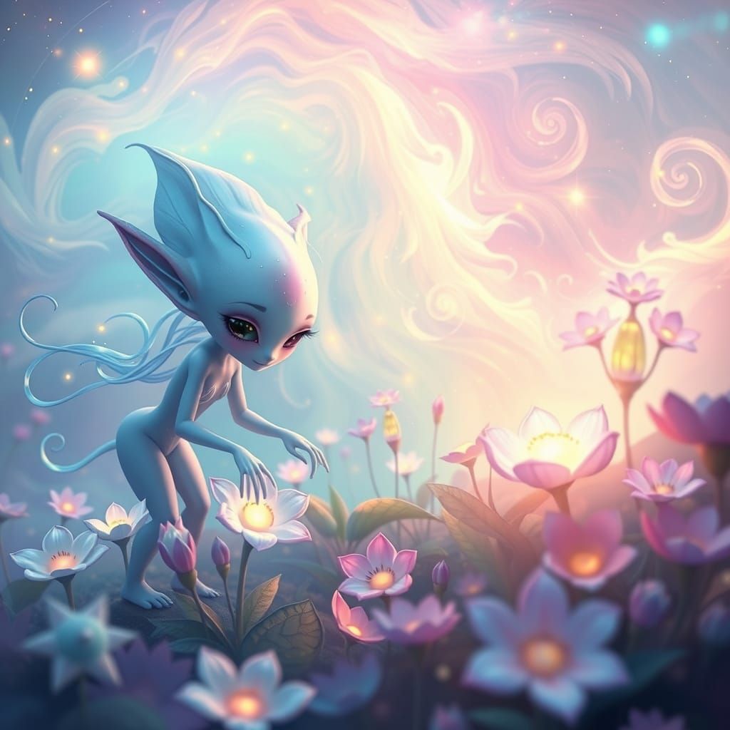 Ethereal Aliens Tend Celestial Garden in Anime Style