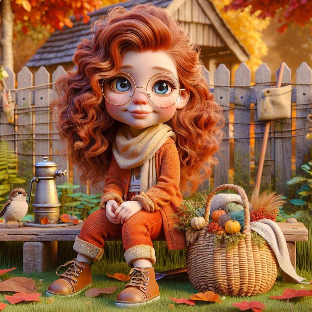 "3D 24K quirky 7 year old girl  in autumn