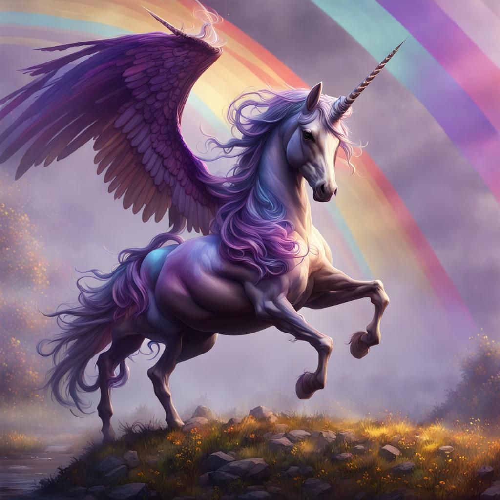 Winged Unicorn with Rainbow in Fantasy Art Style