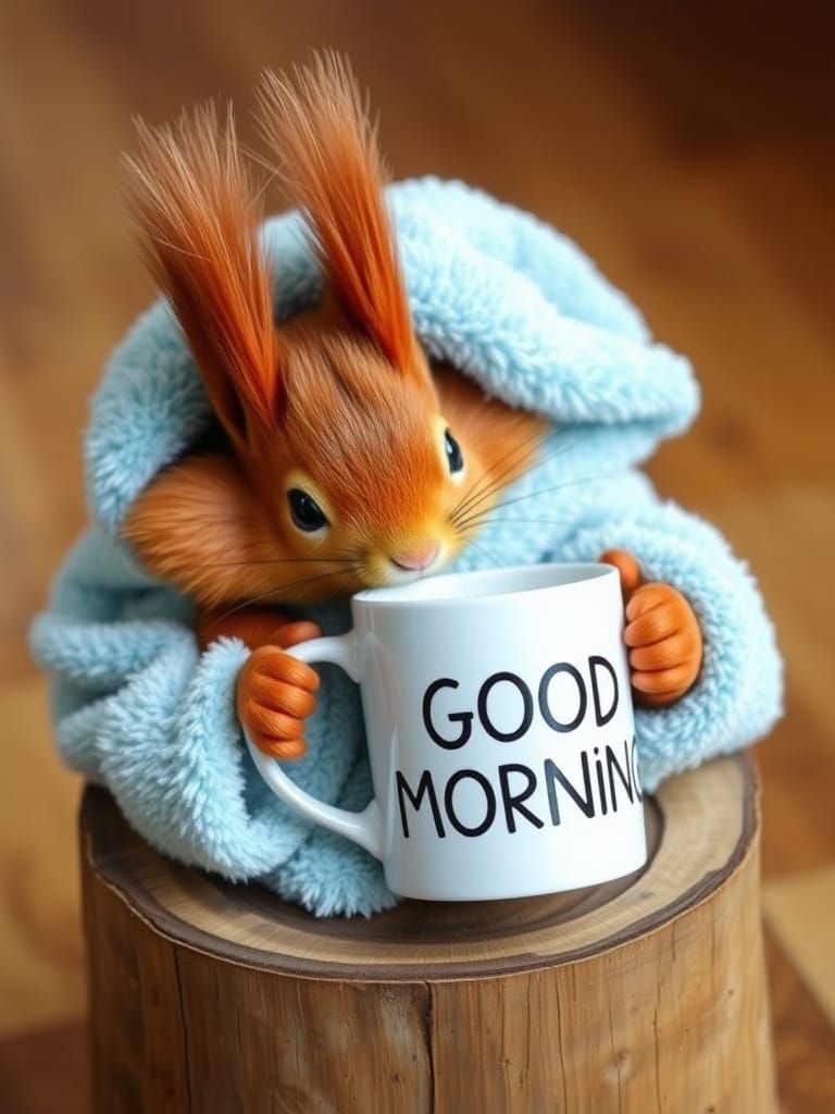 Squirrel in Robe with Coffee Mug