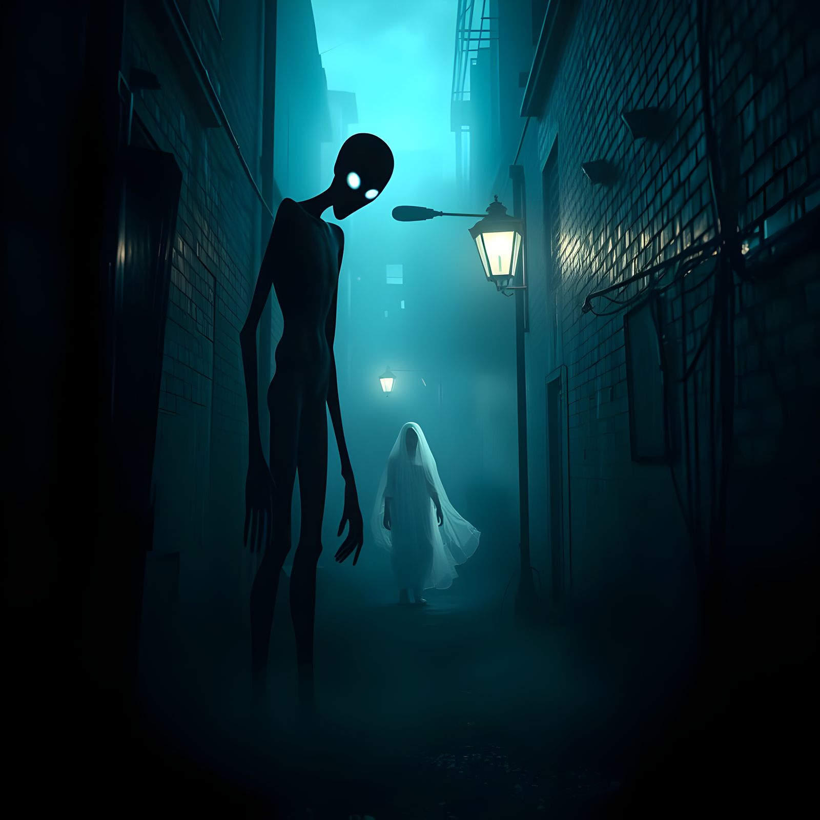 Ethereal Horror Scene in Dark, Foggy Alleyway
