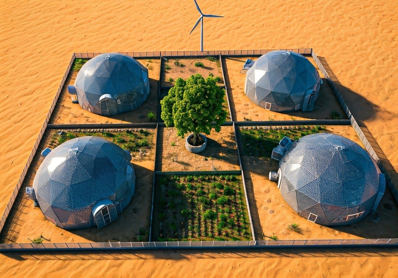 Sustainable Futuristic Eco Dome Houses in Desert Oasis