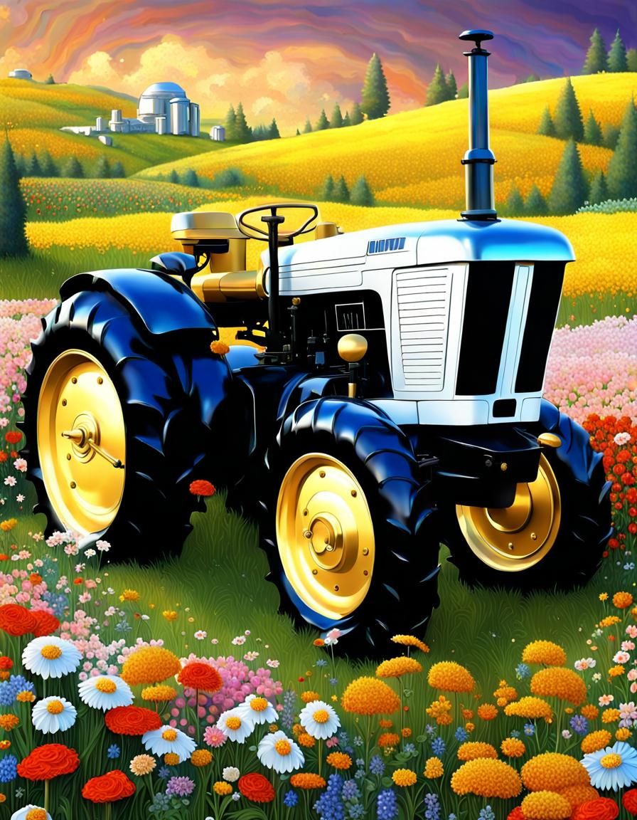 Golden Tractor in Art Nouveau Meadow