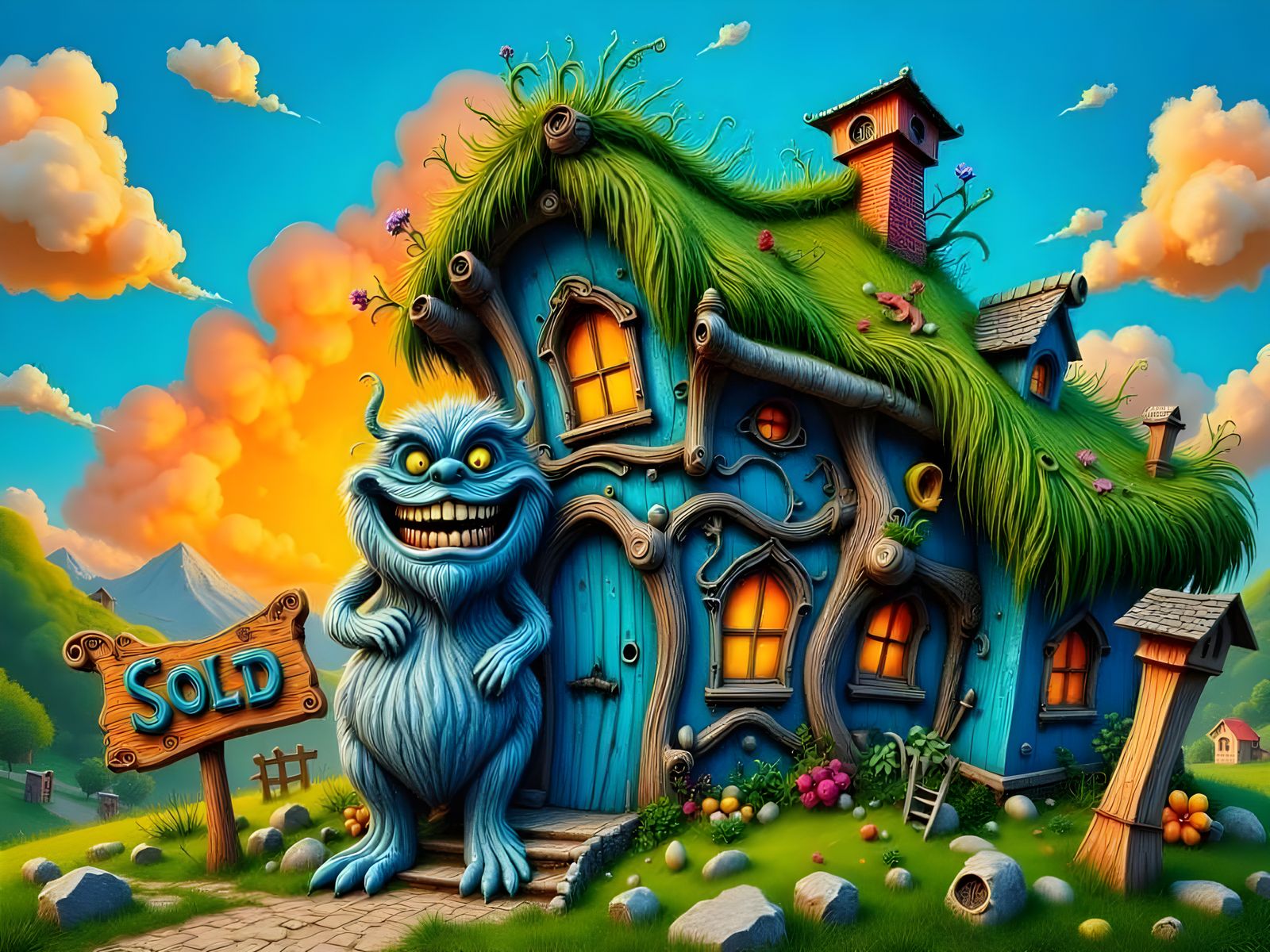 Whimsical Cottage Scene with a Happy Monster