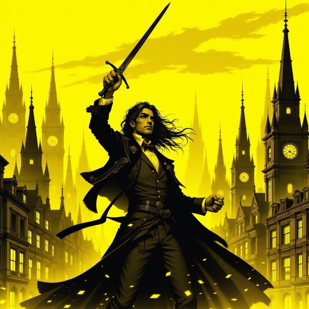 Melancholy Swordsman in Glowing Cityscape