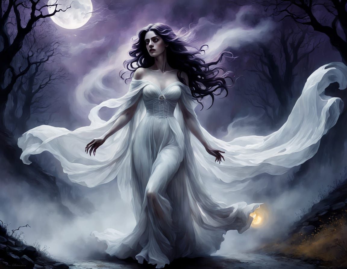 Ethereal Victorian Ghostwoman in Moonlit Landscape